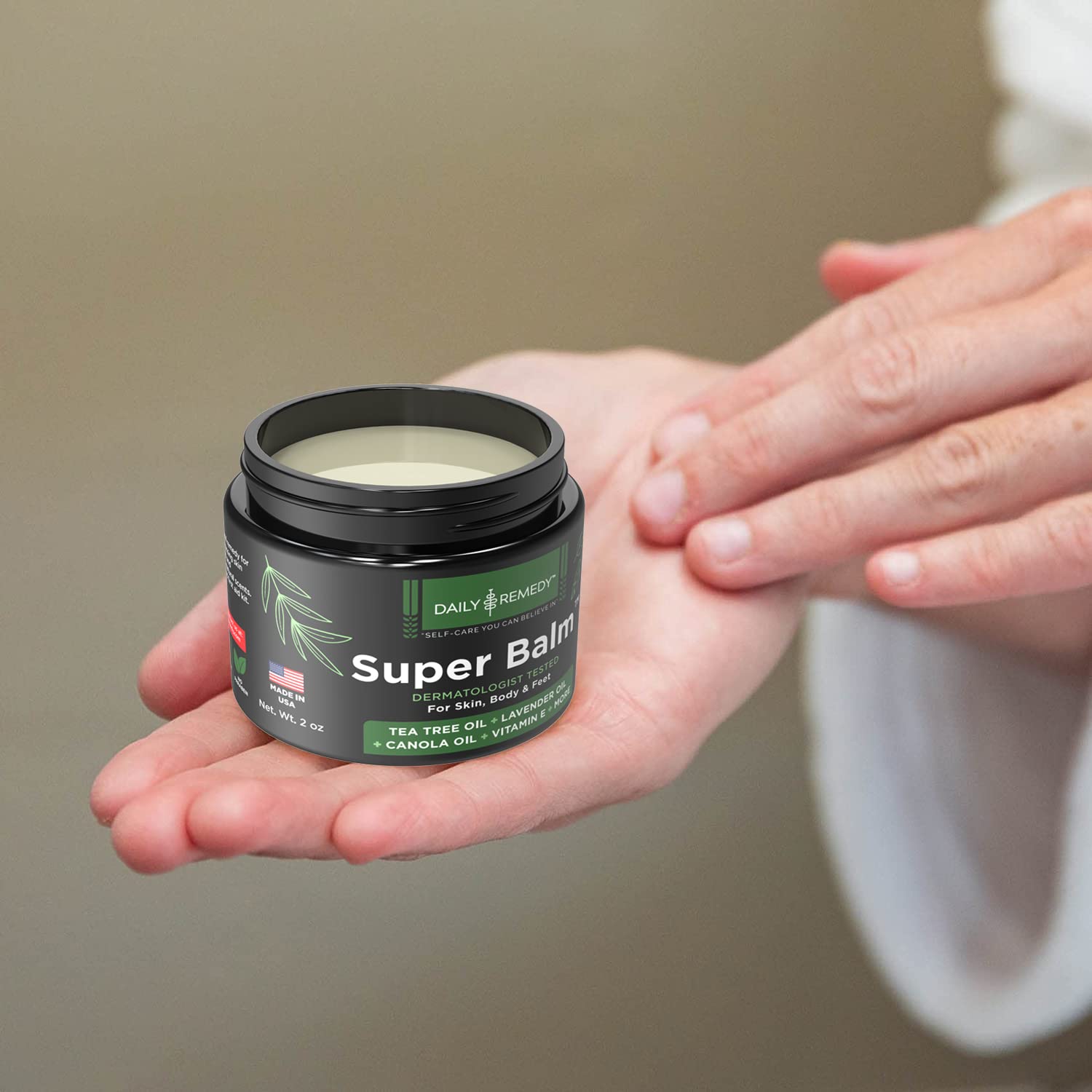 Daily Remedy USA-made Tea Tree Oil balm supports healthy skin on body and feet.
