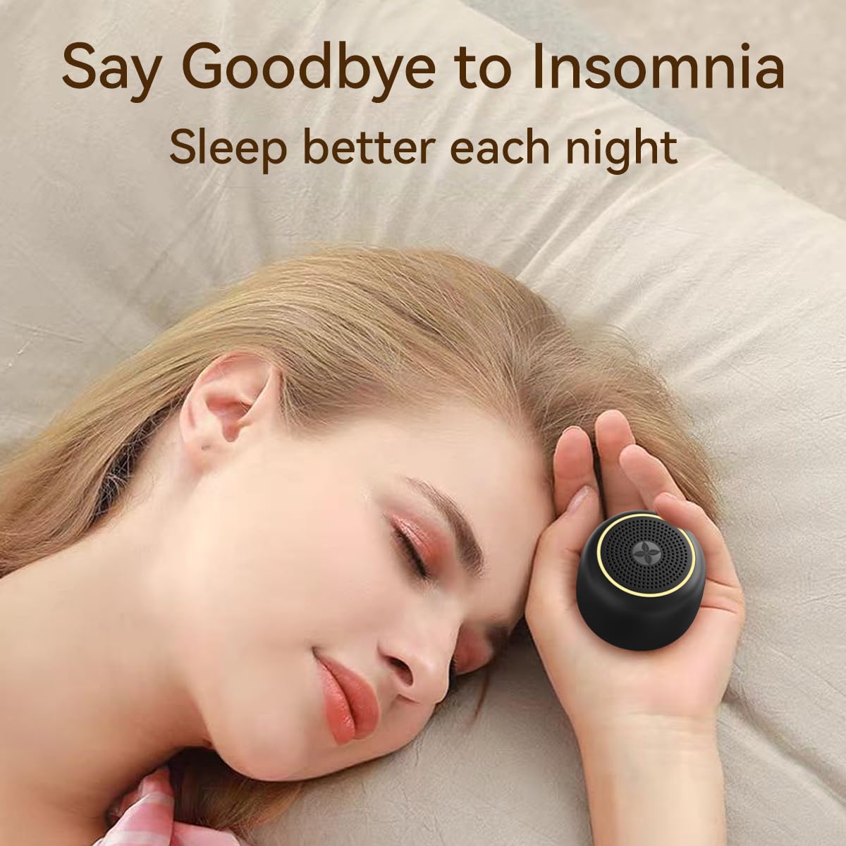 DailyBody portable sound machine in a cozy bed scene creating a sleep-friendly ambiance