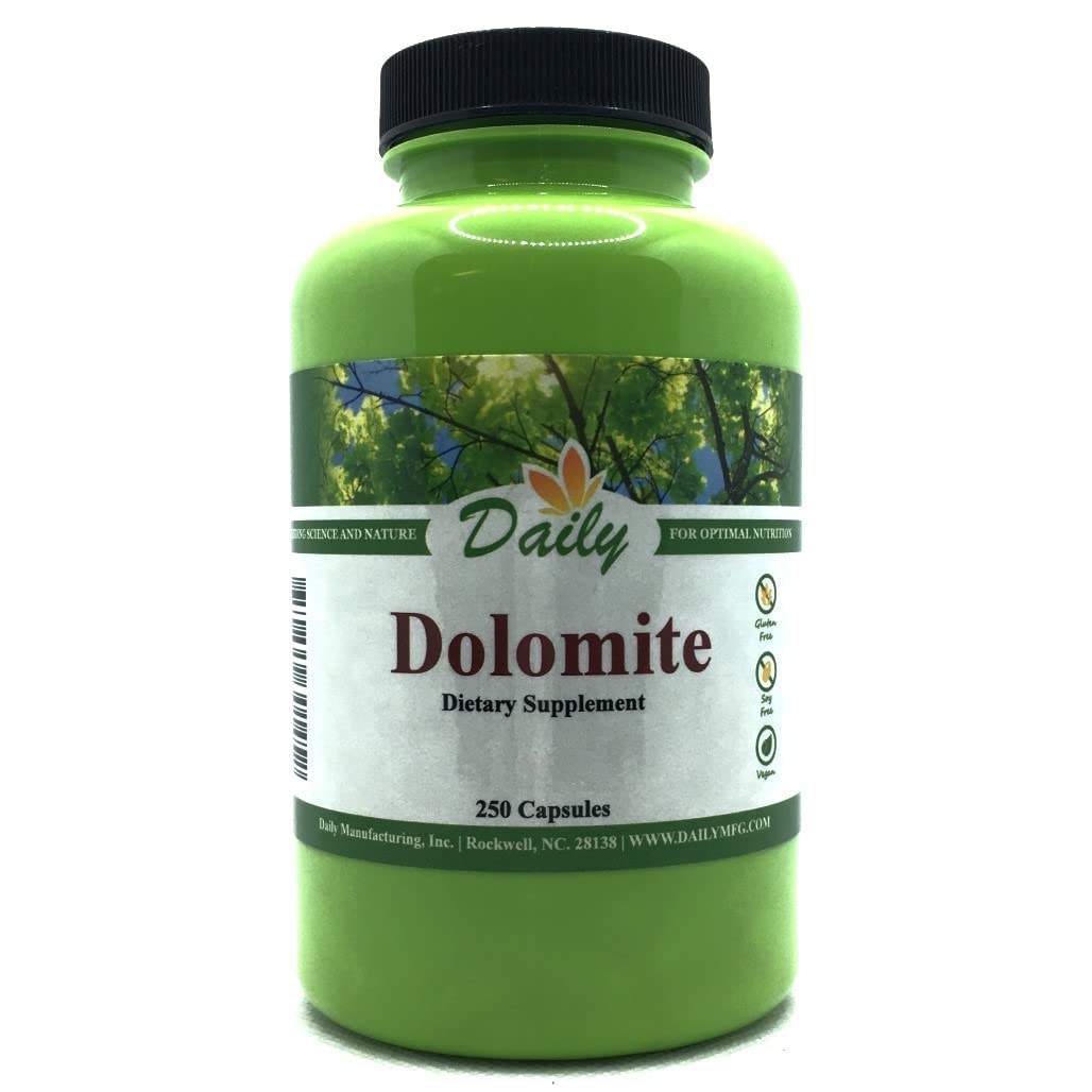 Daily Manufacturing Dolomite bottle front displaying clear label and product name for calcium and magnesium.