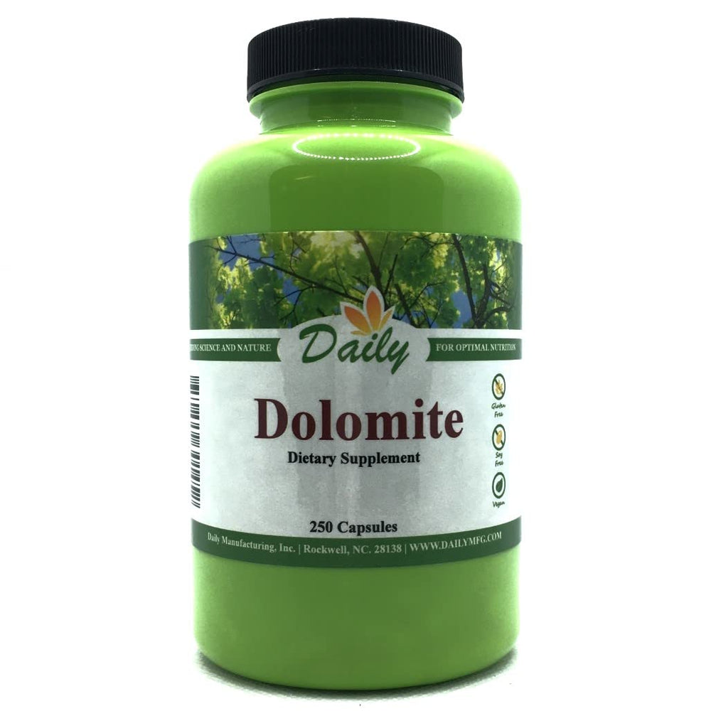 Daily Manufacturing Dolomite bottle front displaying clear label and product name for calcium and magnesium.