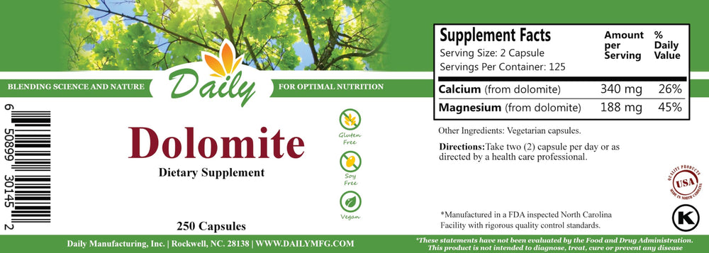 Dolomite capsules from Daily Manufacturing showing vegan, kosher, gluten-free features.
