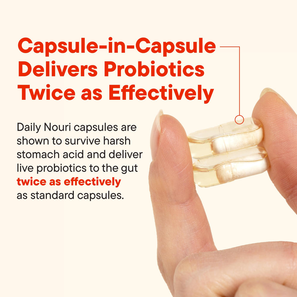 Close-up of capsule-in-capsule delivery design improving probiotic survival in the gut.