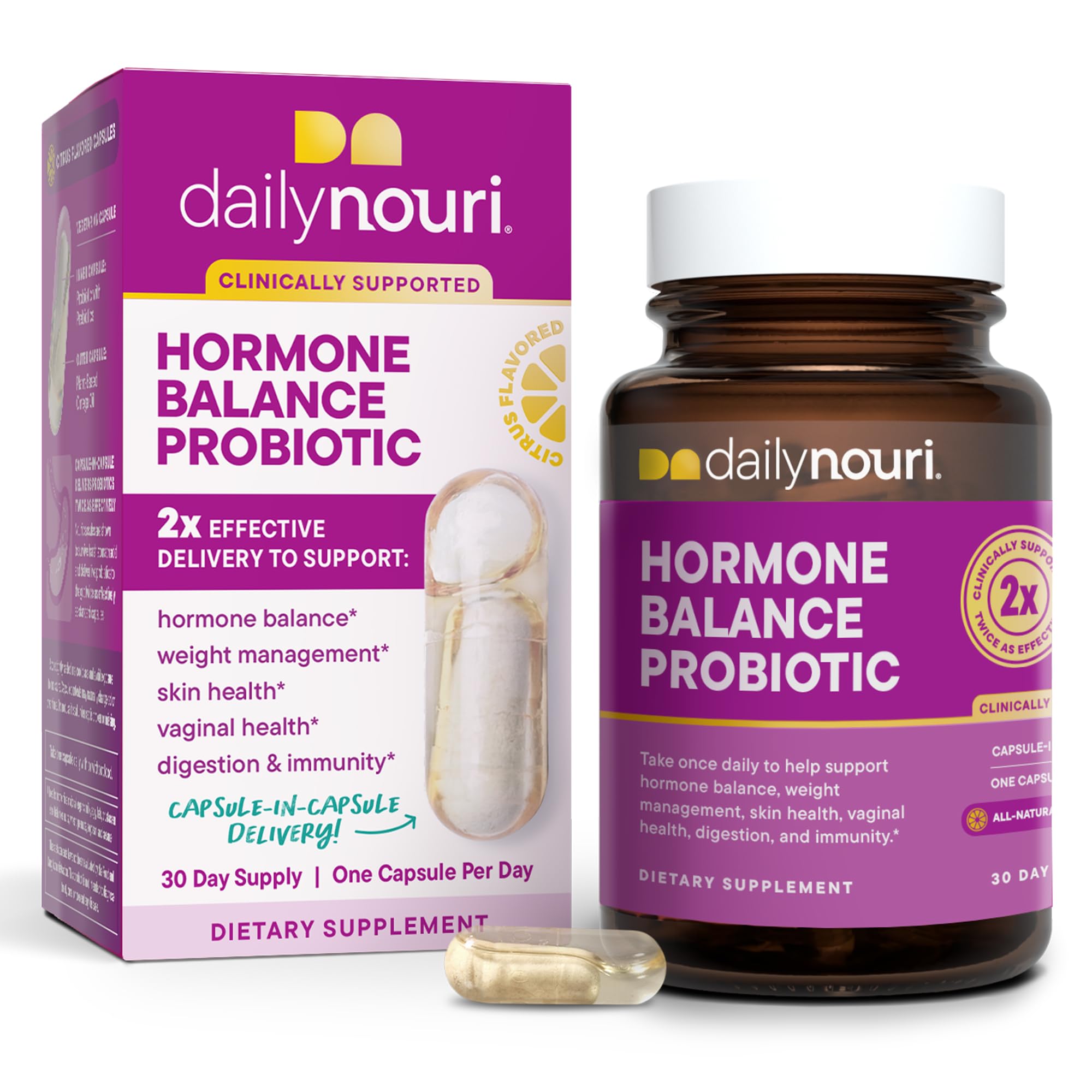 DAILYNOURI Hormone Balance Probiotic bottle shows daily capsules for balance support