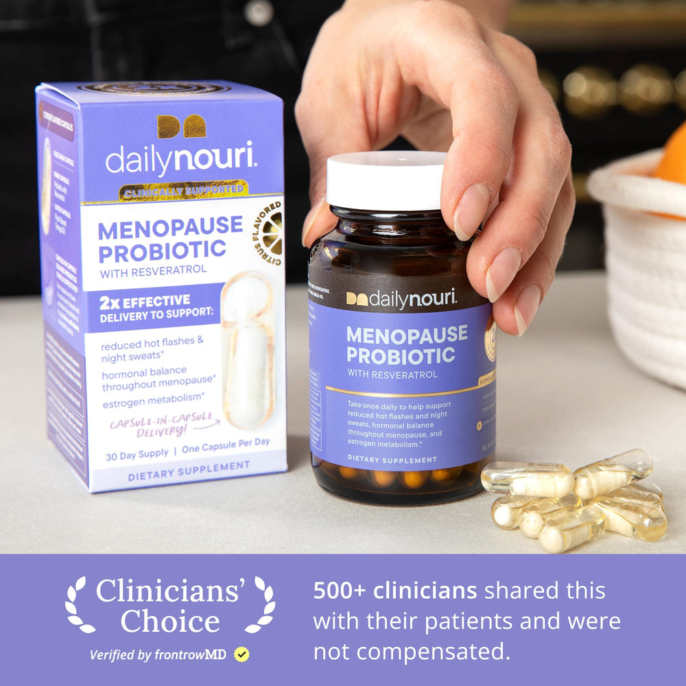Daily Nouri Menopause Probiotic capsules lineup showcasing three clinically studied strains for gut balance.
