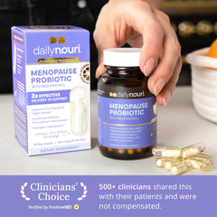 Daily Nouri Menopause Probiotic capsules lineup showcasing three clinically studied strains for gut balance.