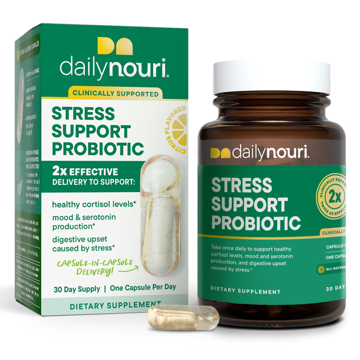 Daily Nouri Stress Probiotic bottle front for gut health and mood support
