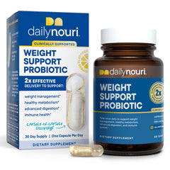 DAILYNOURI Weight Health bottle front shows a probiotic for metabolism support and gut balance.