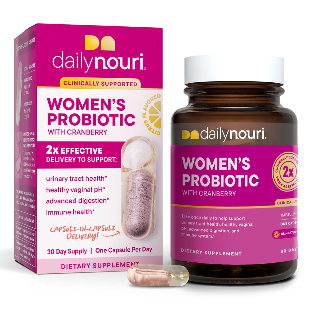 DAILYNOURI Women's Probiotic bottle front promoting vaginal and urinary health support.