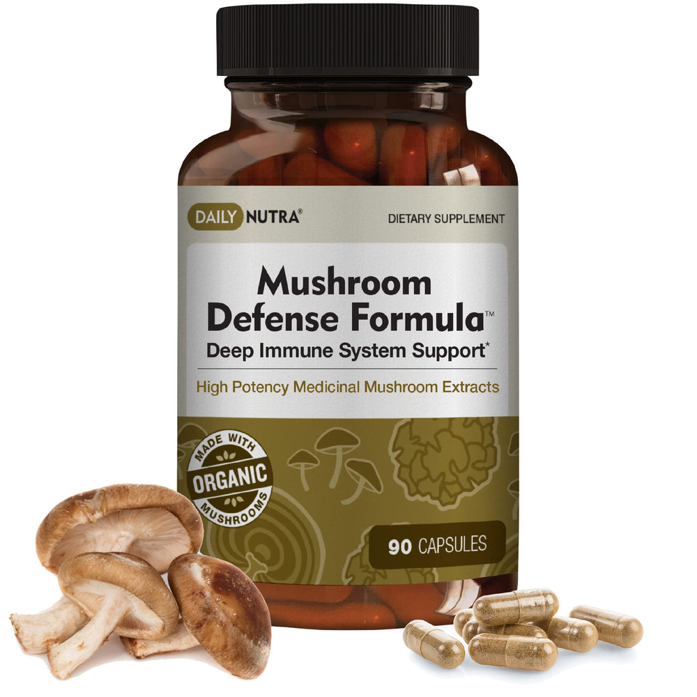 DailyNutra Mushroom Defense bottle front view highlighting immune support capsules.