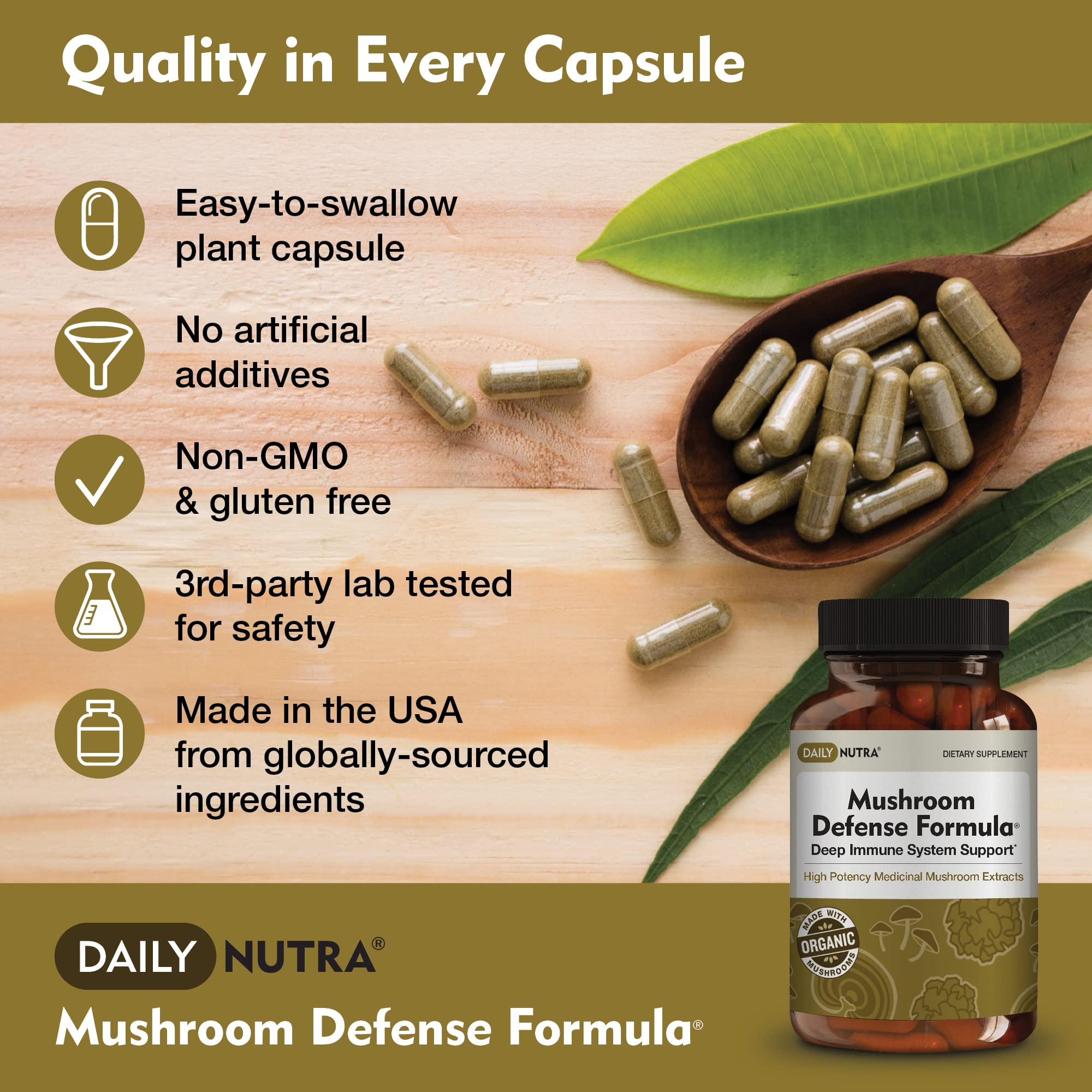 DailyNutra Mushroom Defense capsules, 90-count serving for a daily wellness routine.