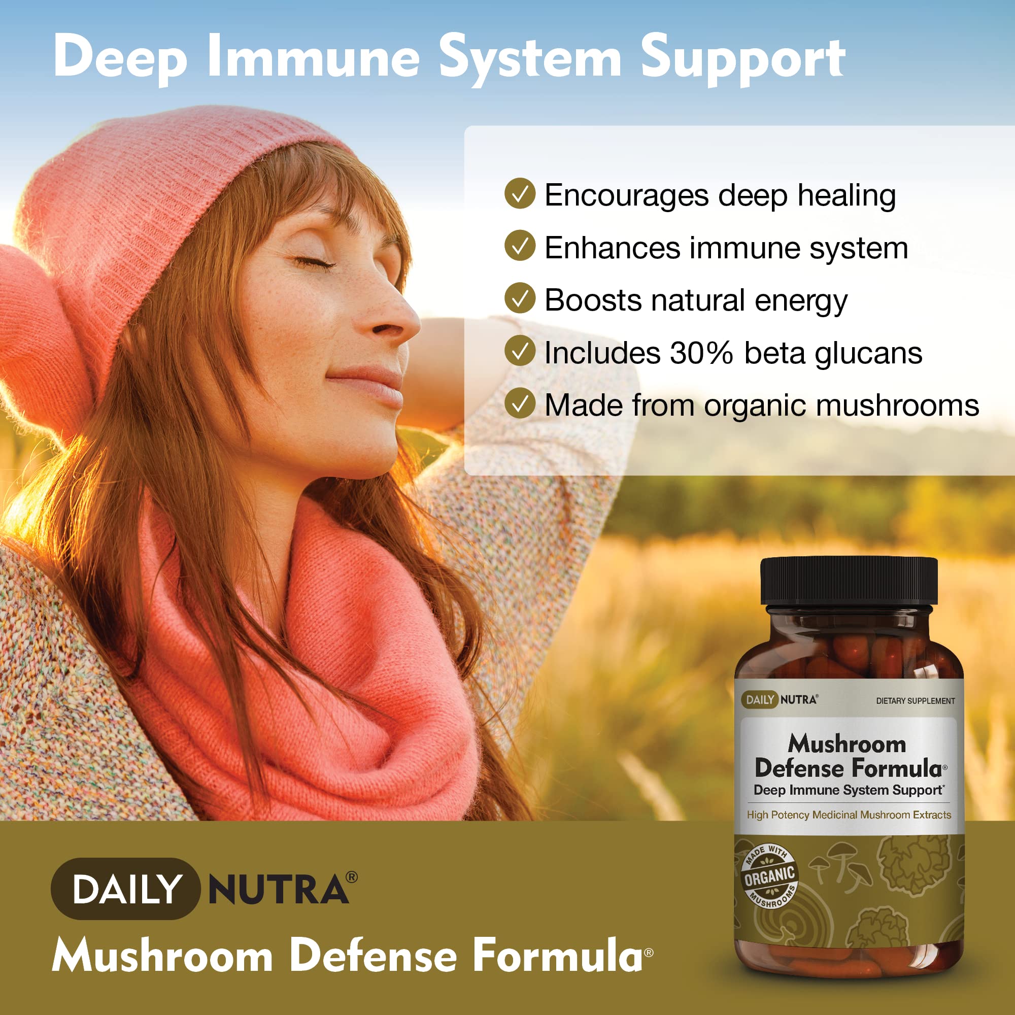 DailyNutra Mushroom Defense ingredients – chaga and reishi, showing a natural immune-support blend.