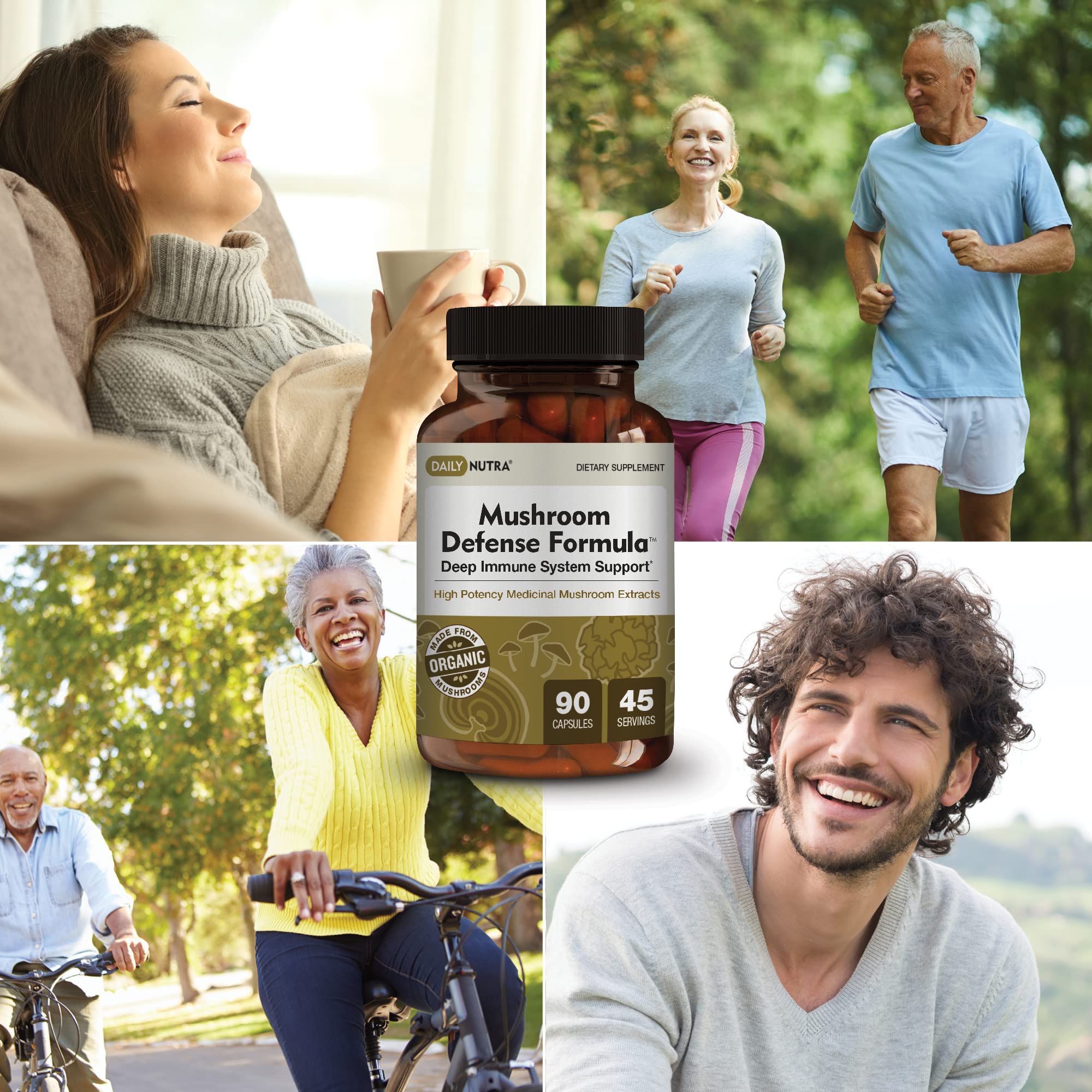DailyNutra Mushroom Defense jar with capsules, easy-to-swallow for convenient daily use.