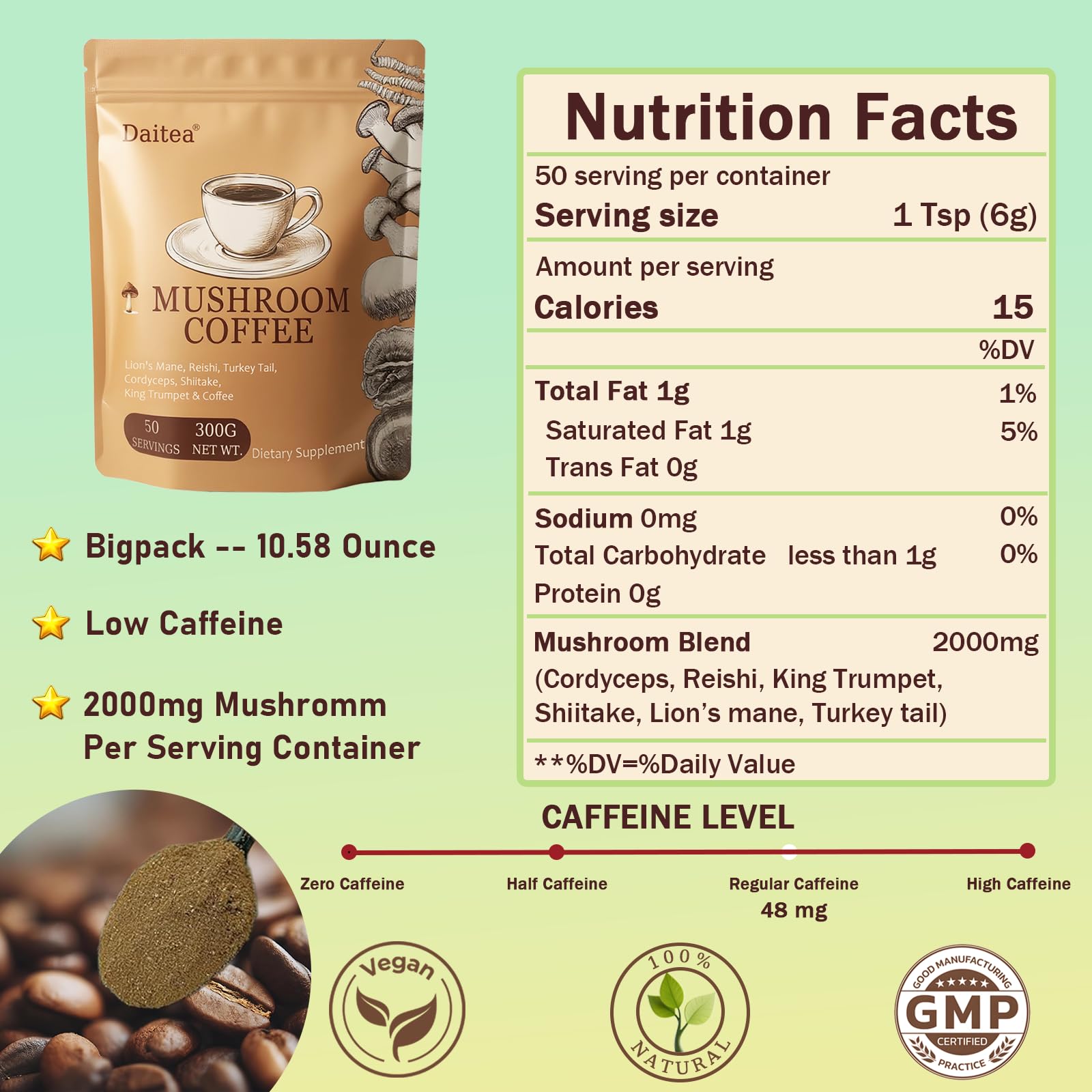 Daitea Lion's Mane bottle highlights focus-friendly mushroom coffee.