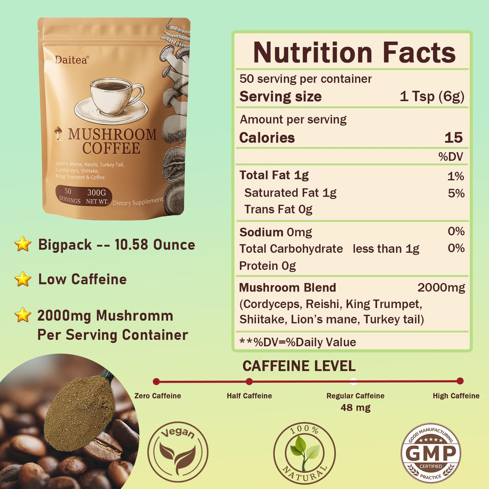 Daitea Lion's Mane bottle highlights focus-friendly mushroom coffee.