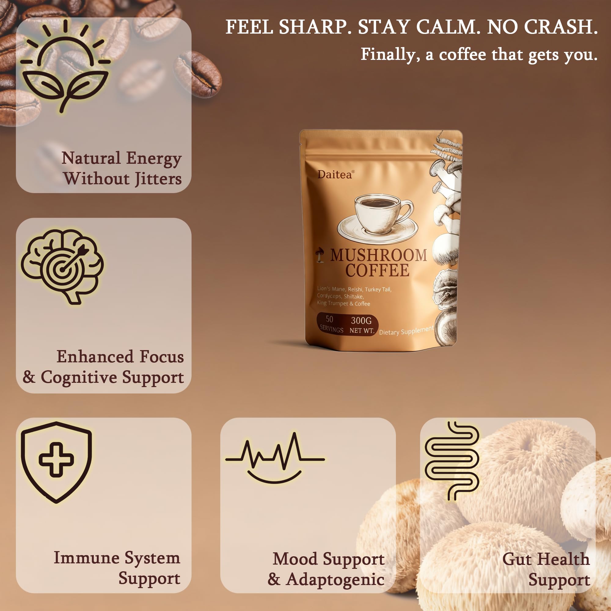 Daitea Shiitake and Cordyceps display for a smooth, balanced brew.