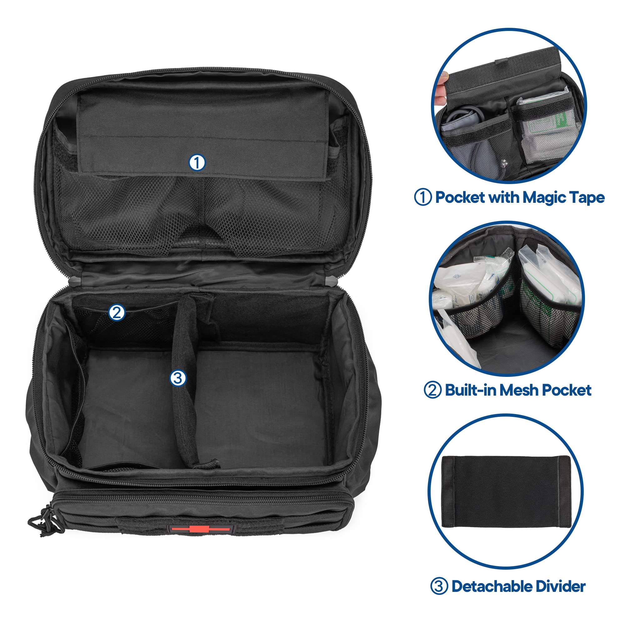 Damero small medicine storage bag main compartments display three mesh pouches for small items.