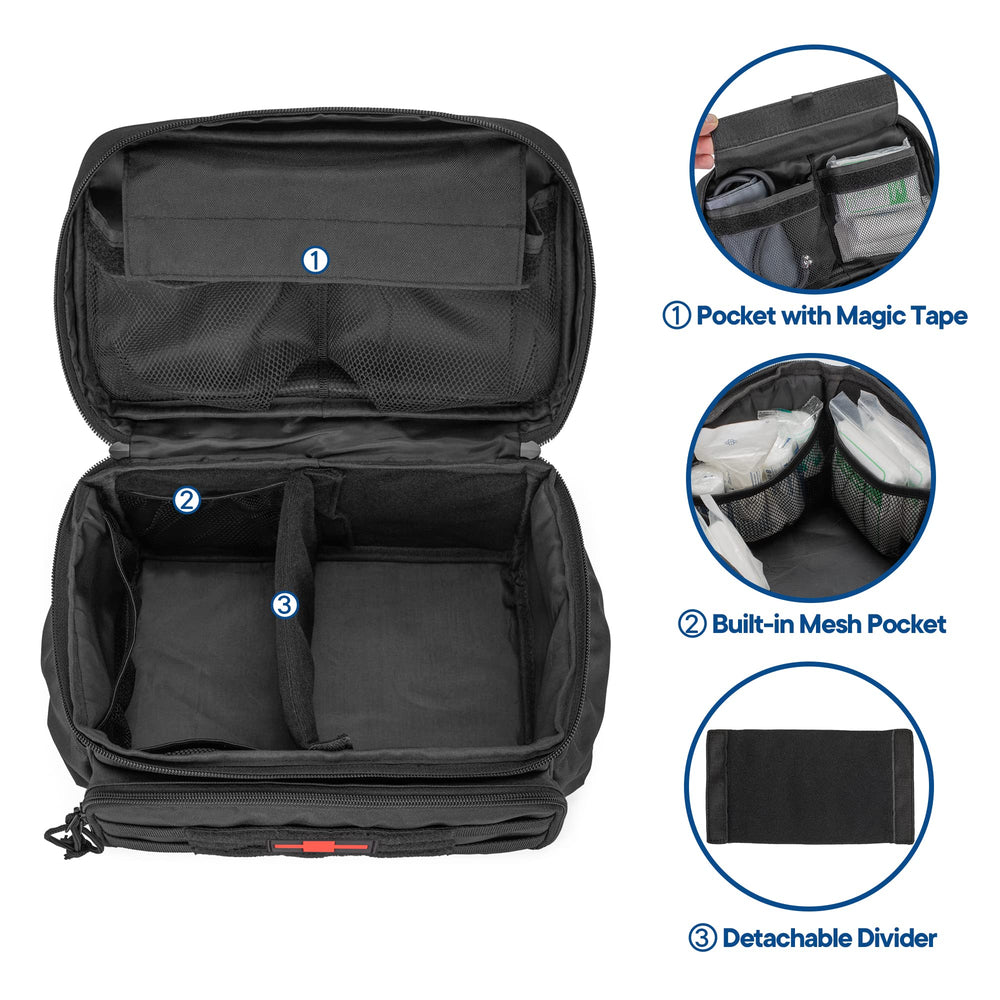 Damero small medicine storage bag main compartments display three mesh pouches for small items.