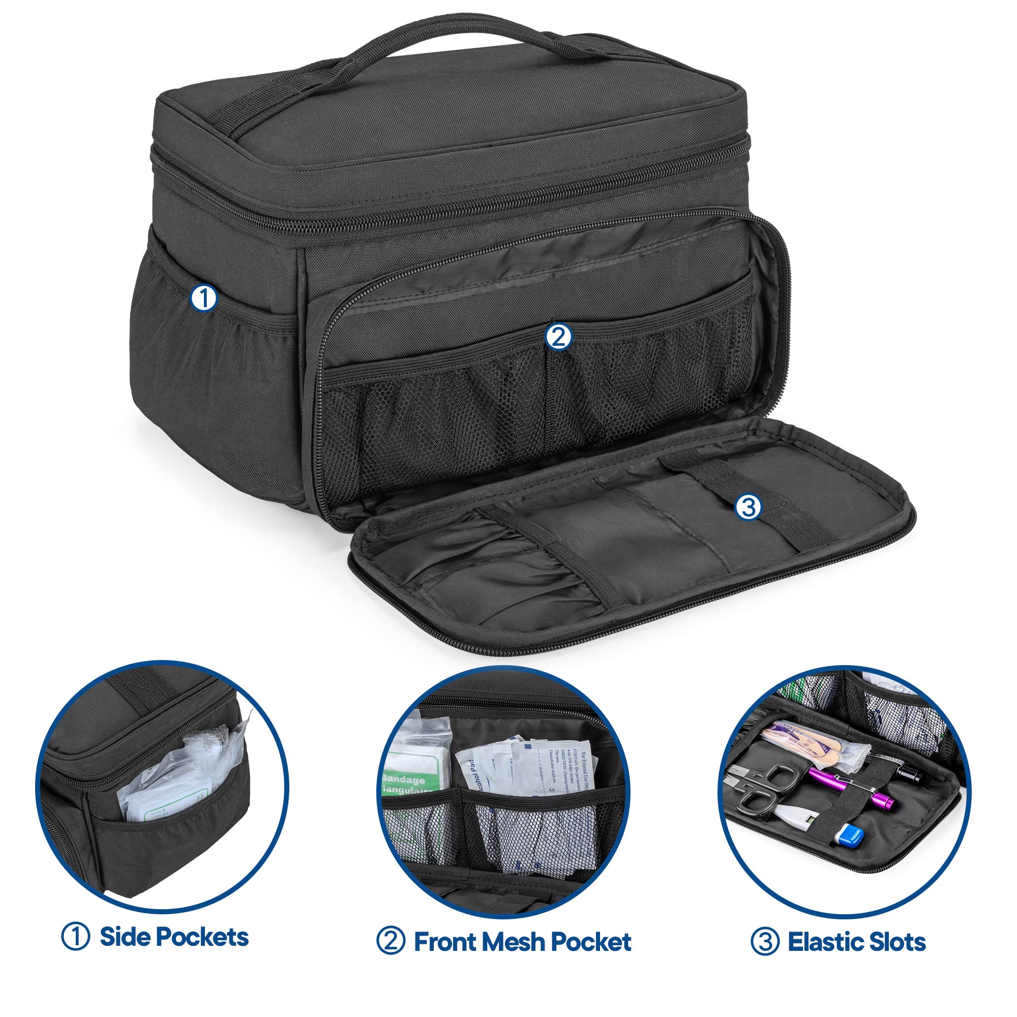 Damero small medicine storage bag top open highlights organized mesh pockets for easy item visibility.