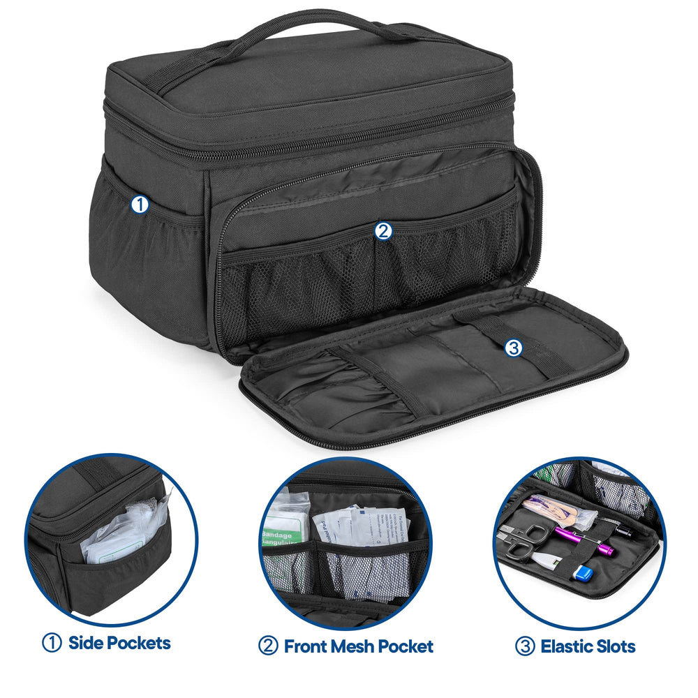 Damero small medicine storage bag top open highlights organized mesh pockets for easy item visibility.