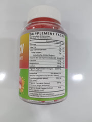 Damicest Apple Cider Vinegar Gummies label showing The Mother and probiotics for gut balance.