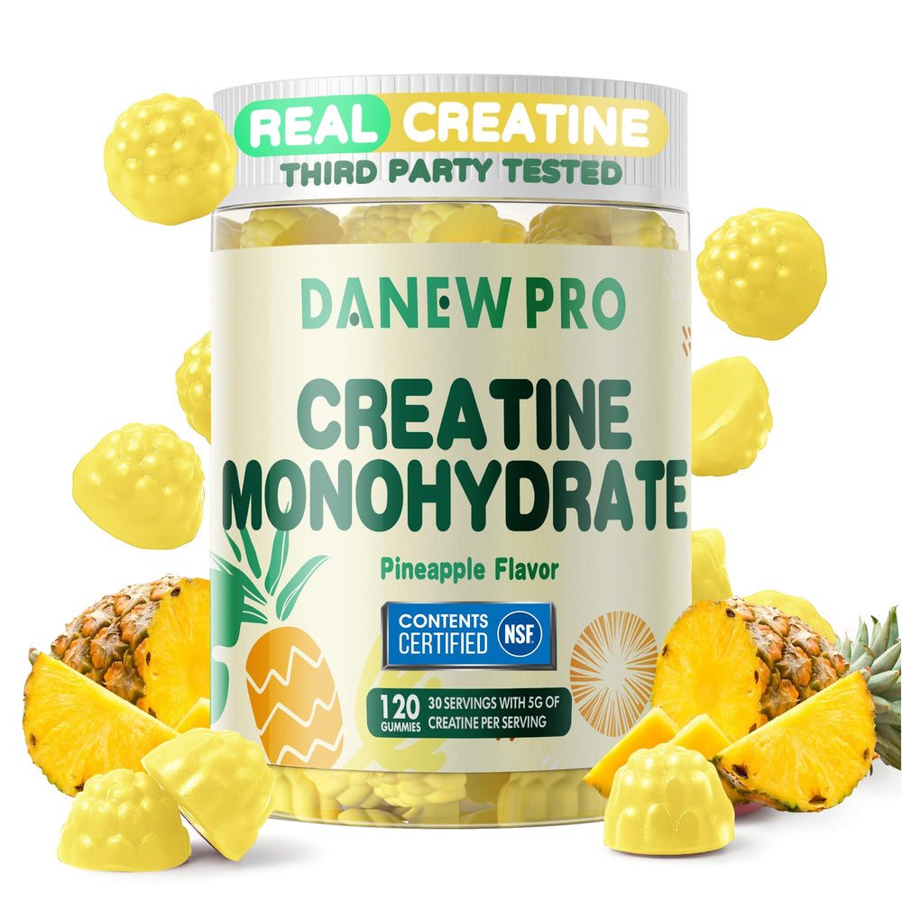 DANEW Pro Creatine Gummy 5g pineapple bottle showcasing pineapple flavor for muscle support.