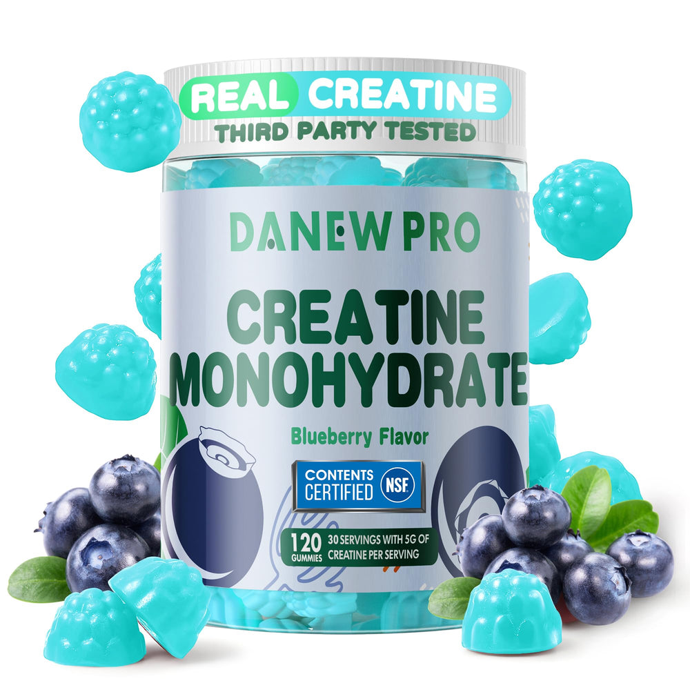 DANEW Pro creatine gummy blueberry bottle on shelf for convenient muscle support.