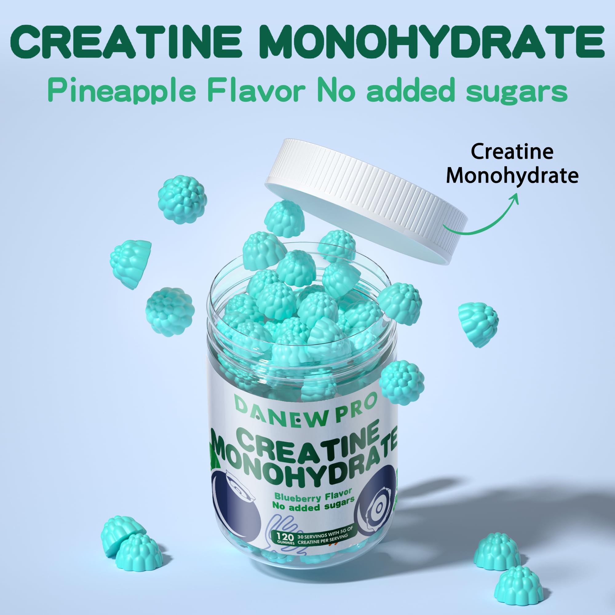 DANEW Pro creatine gummy blueberry ingredients panel highlights vegan and sugar-free formula.