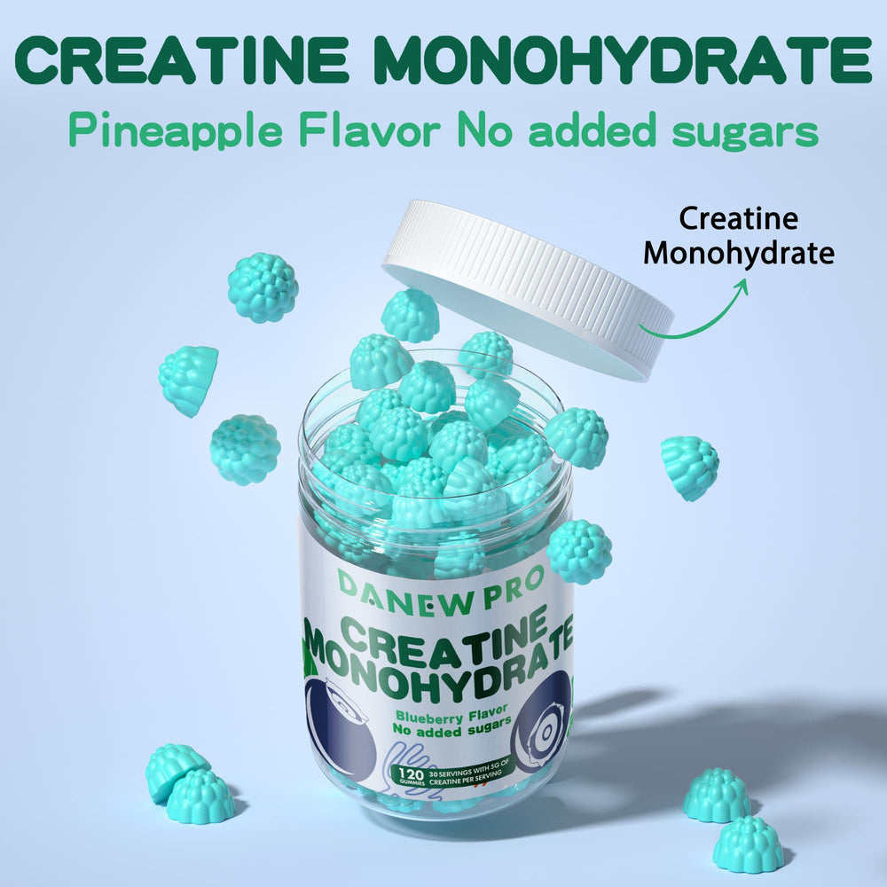 DANEW Pro creatine gummy blueberry ingredients panel highlights vegan and sugar-free formula.