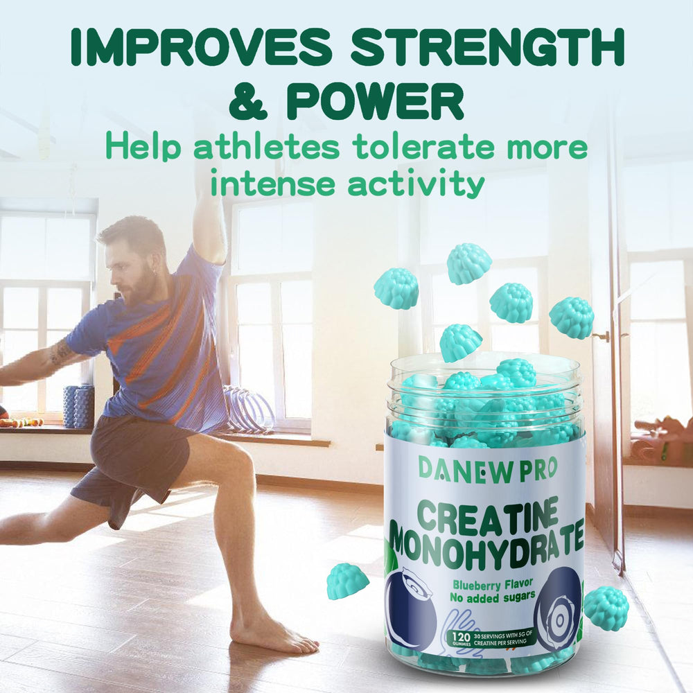 DANEW Pro creatine gummy blueberry label design emphasizes 120-count packaging.