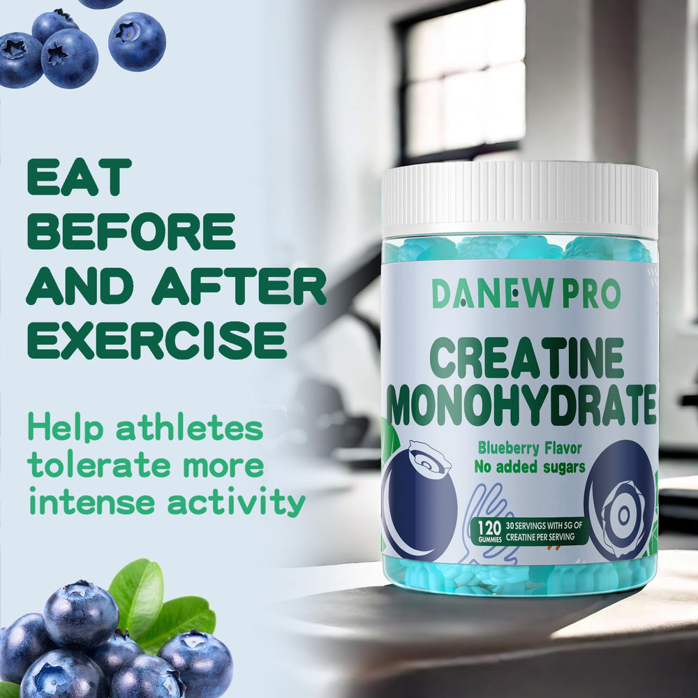 DANEW Pro creatine gummy blueberry resealable container for easy storage.