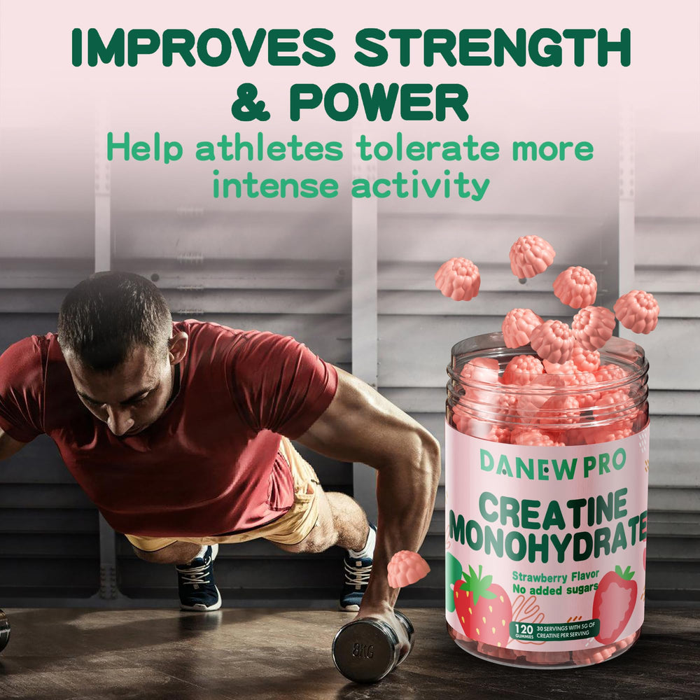 DANEW Pro Creatine Gummy texture close-up shows chewy strawberry flavor