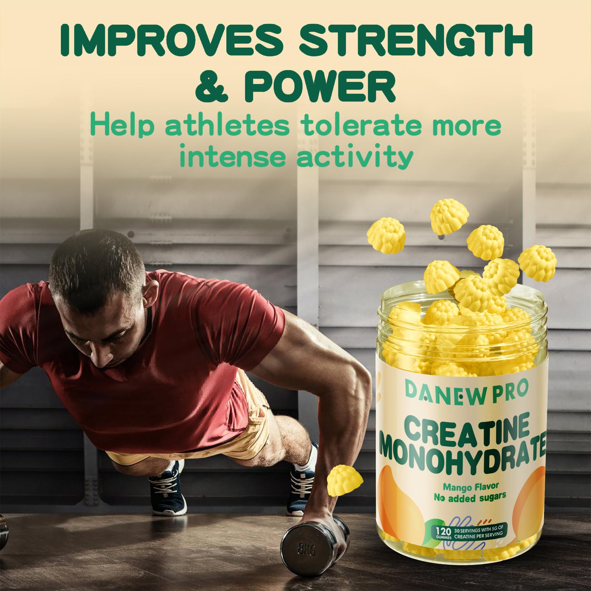 DANEW Pro Creatine Gummy jar on gym bench during workout