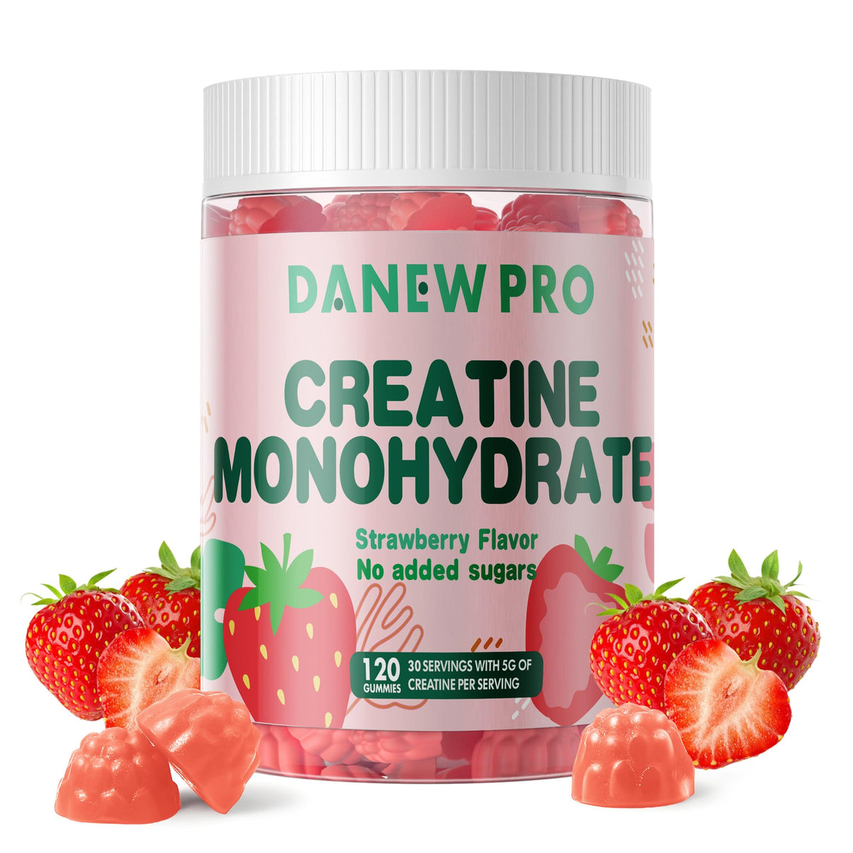 DANEW Pro Creatine Gummy strawberry bottle shows flavor and portability for daily use