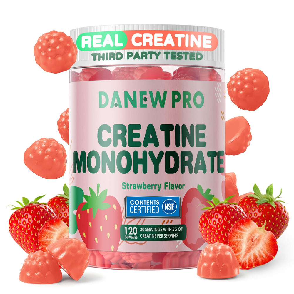 DANEW Pro Creatine Gummy strawberry flavor on bottle resembles pleasant taste