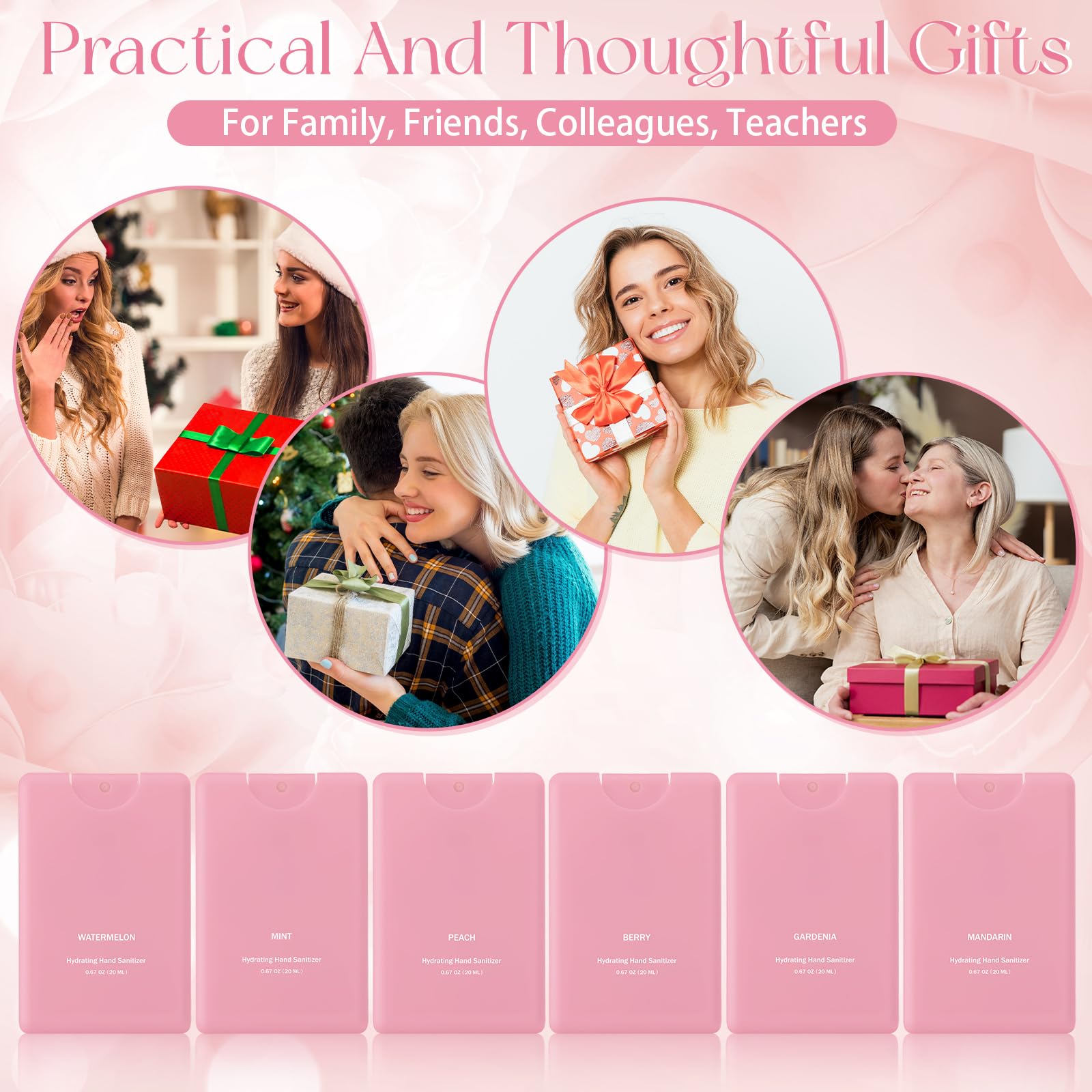 Dansib pink hand sanitizer mist held in hand shows portable size.