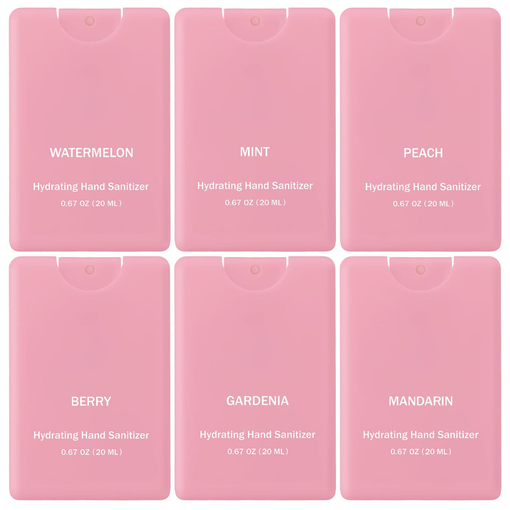 Dansib pink hand sanitizer mist packaging shows six compact bottles for on-the-go protection.