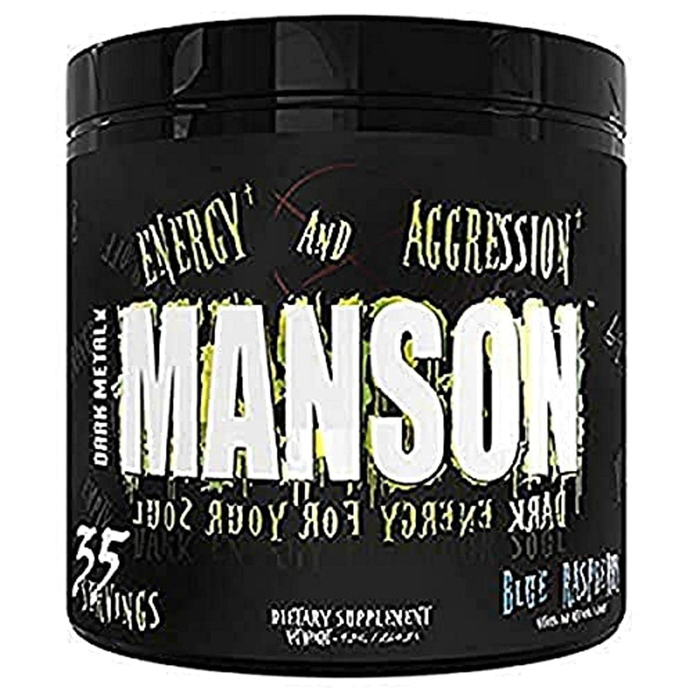 Dark Metal Manson Blue Raspberry powder for pre-workout energy and focus.