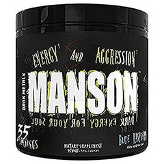 Dark Metal Manson Blue Raspberry powder for pre-workout energy and focus.