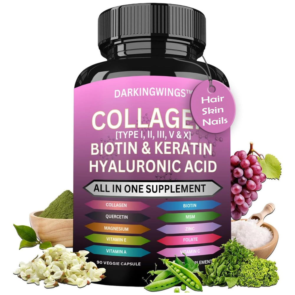 Darkingwings Multi Collagen Pills bottle showcasing the 14-in-1 formula for skin and nails.