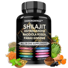 Darkingwings Shilajit 8en1 cápsulas para energía diaria y vitalidad sostenida.