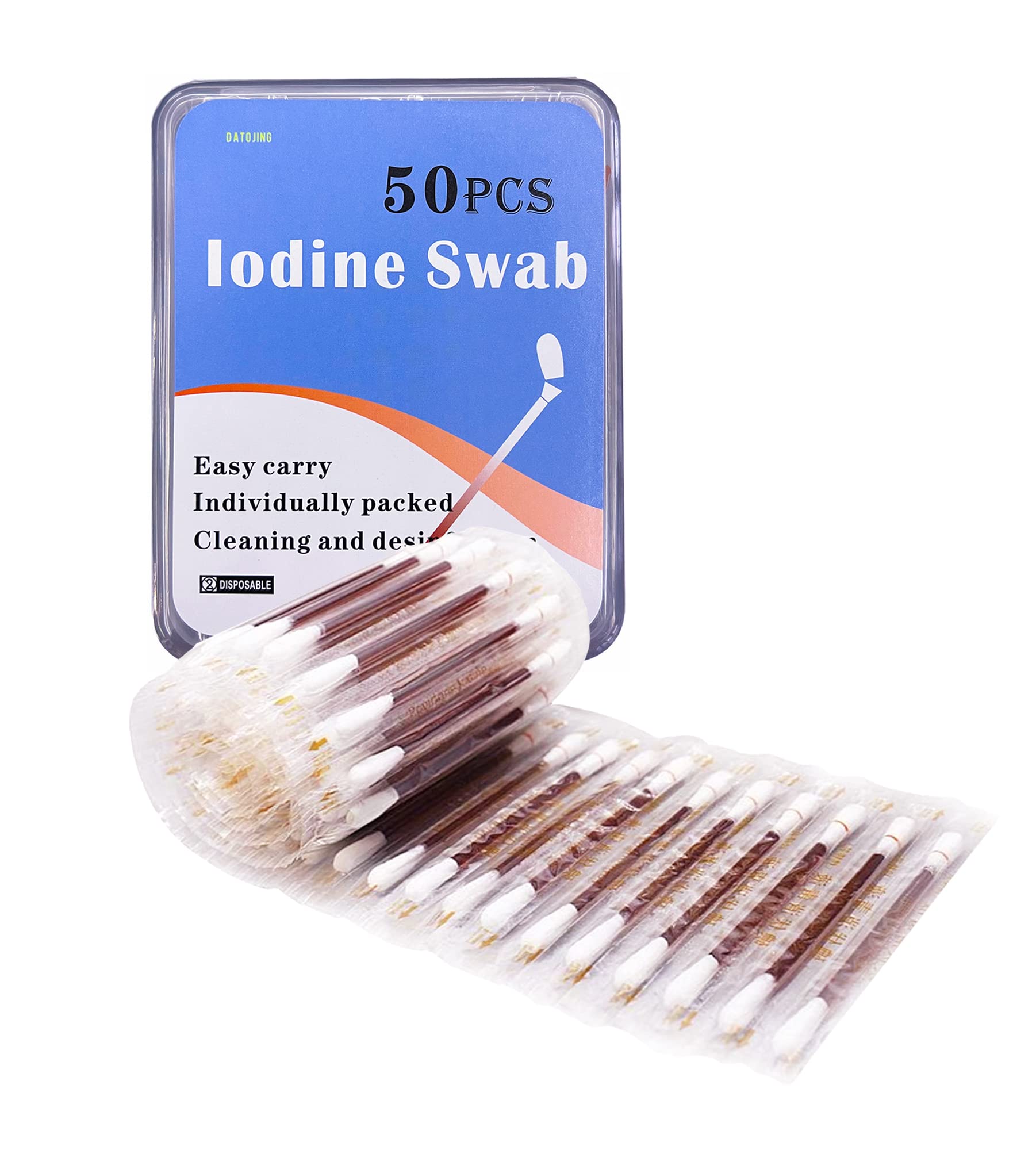 Datojing 50 disposable iodophor swabs in a package for on-the-go wound care.