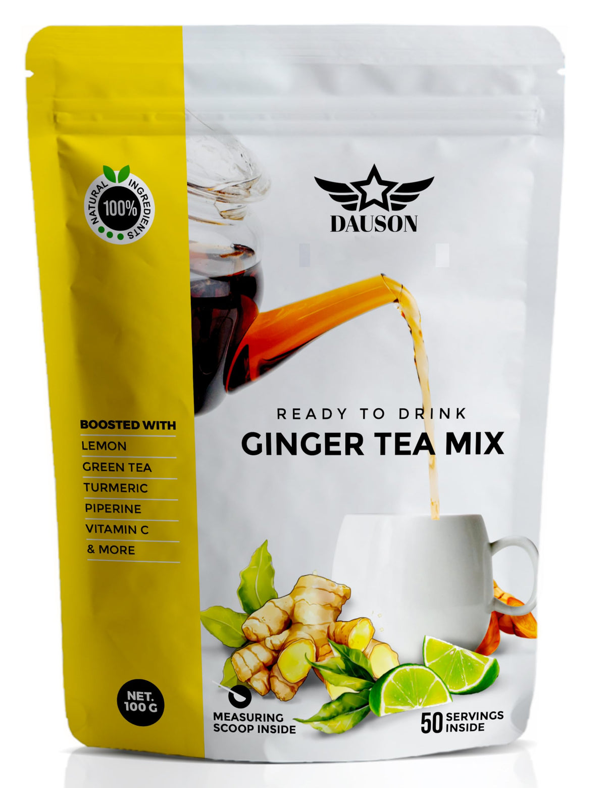 DAUSON Ginger Turmeric Decaf Green Tea Mix brewed cup promotes warm comfort and digestion support