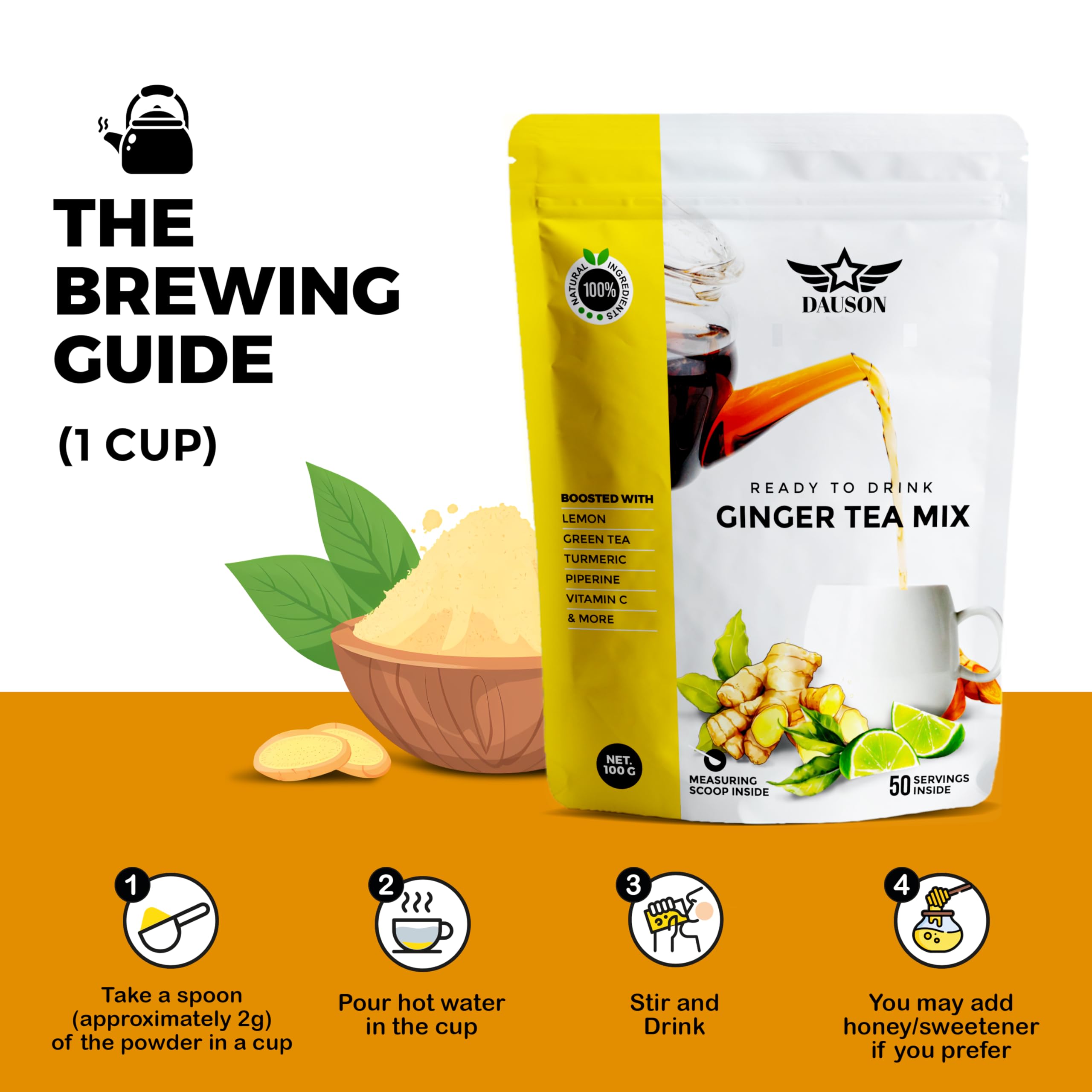 DAUSON ginger-turmeric sachet and packaging on kitchen counter signals clean vegan formula