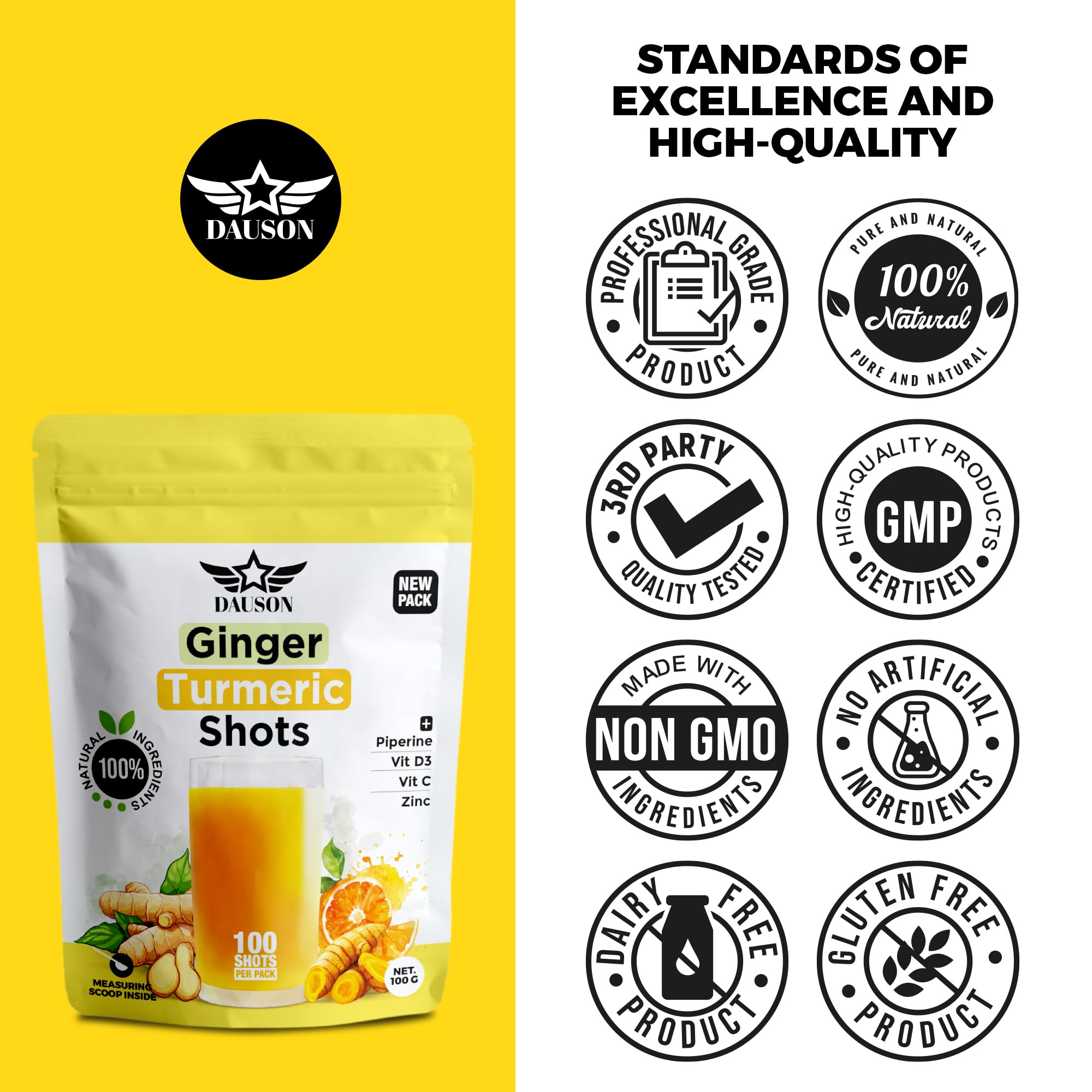 DAUSON Ginger Turmeric Drink Serve presents a vibrant, ready-to-sip beverage.