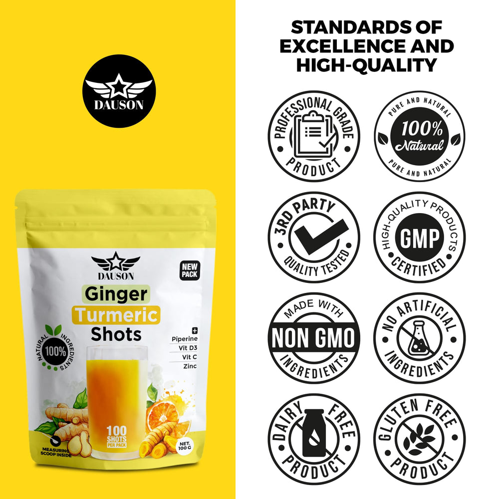DAUSON Ginger Turmeric Drink Serve presents a vibrant, ready-to-sip beverage.