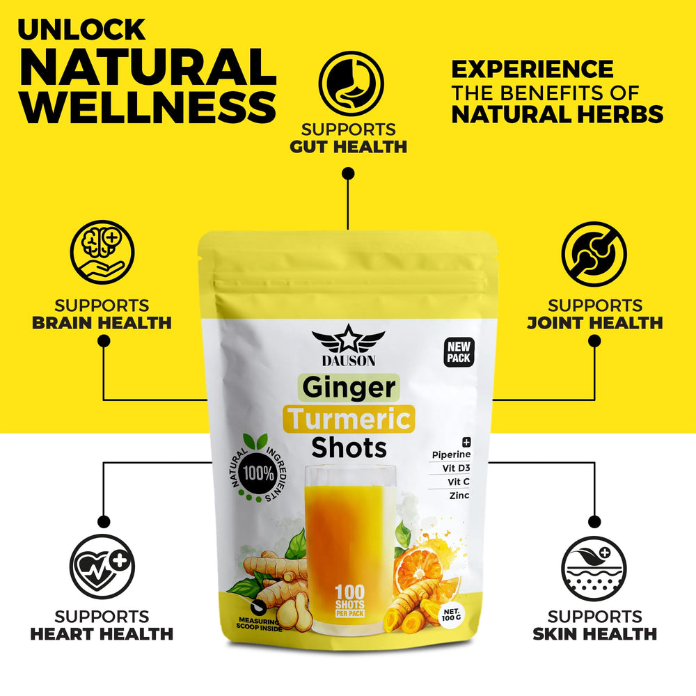 DAUSON Ginger Turmeric Shot Mix shows easy dissolution in water for quick daily wellness.