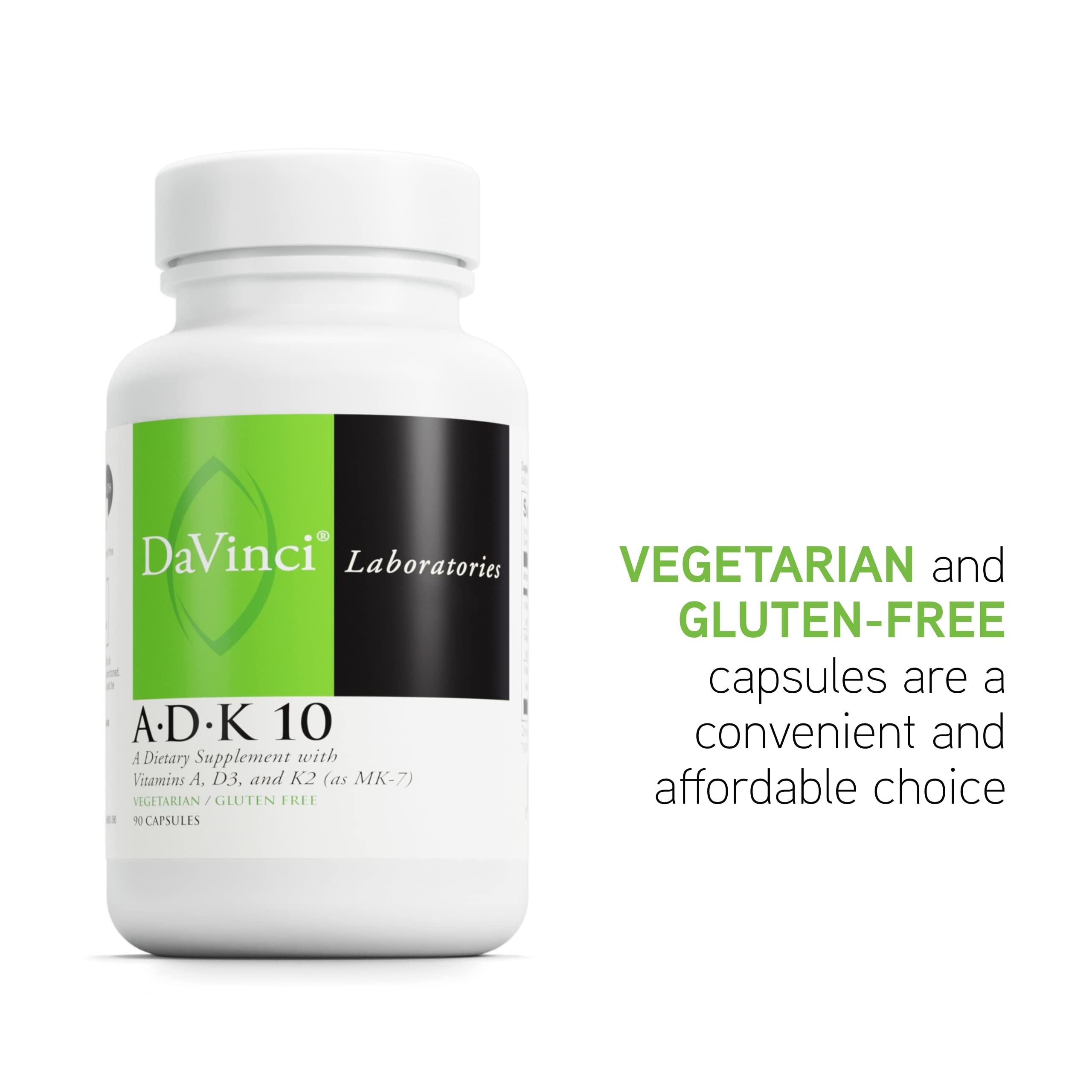 DaVinci ADK 10 nutrition panel emphasizes vitamins A, D3 and K2 for balanced nutrition.