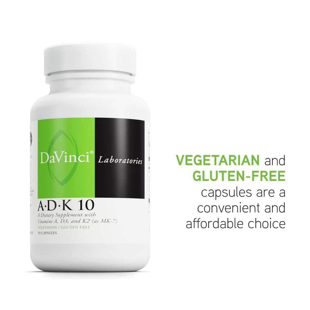 DaVinci ADK 10 nutrition panel emphasizes vitamins A, D3 and K2 for balanced nutrition.