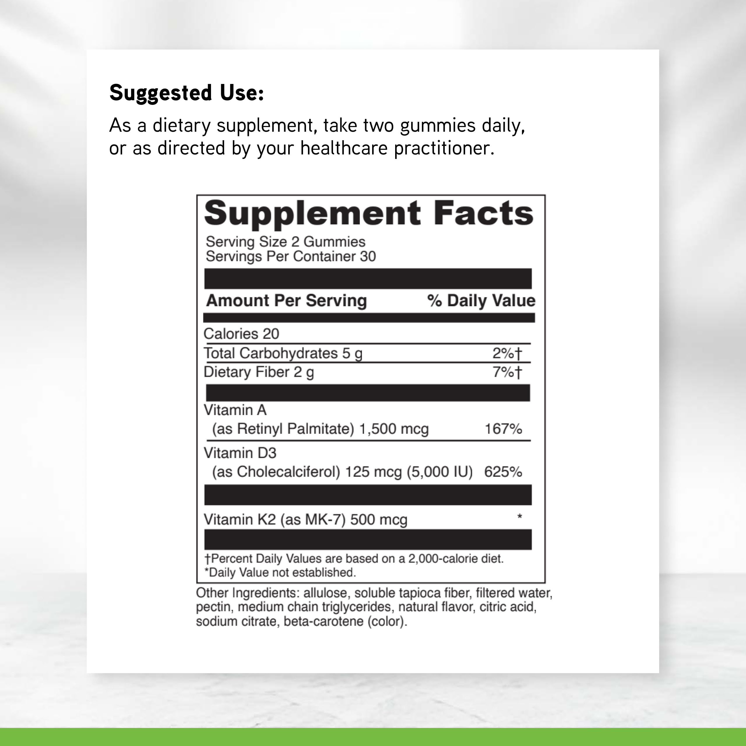 DaVinci ADK Gummies label lists vitamins A, D3, MK-7 and benefits
