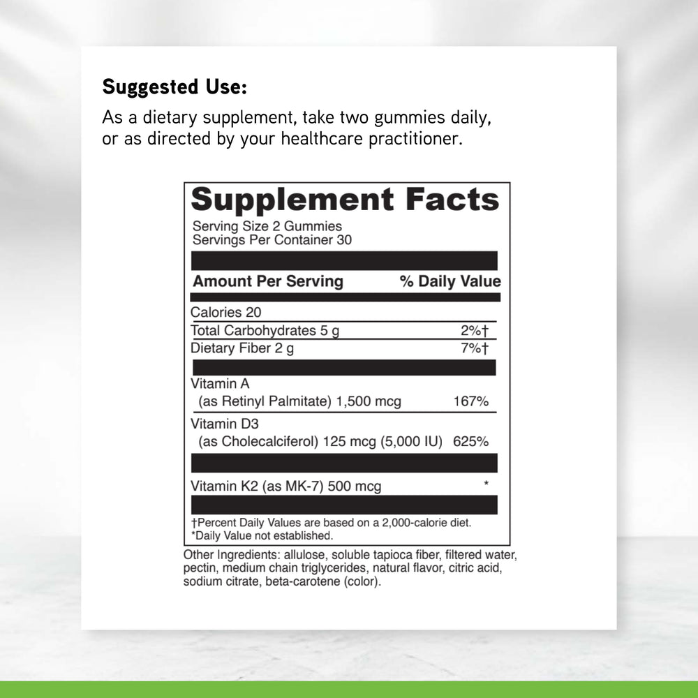 DaVinci ADK Gummies label lists vitamins A, D3, MK-7 and benefits
